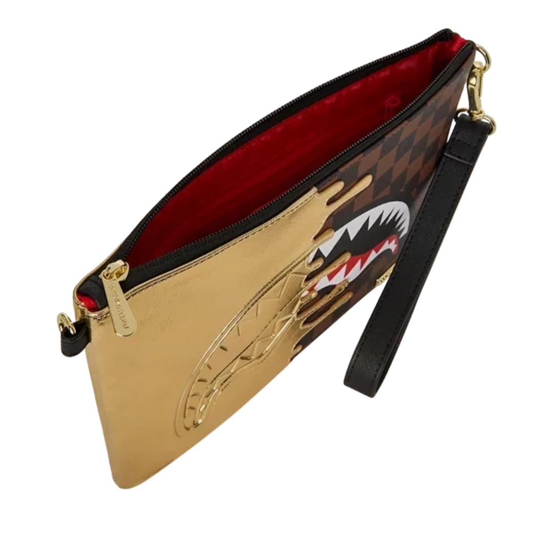 HypeSelection Sprayground Golden Dynasty clutch with metallic gold and brown checkerboard shark mouth graphic design