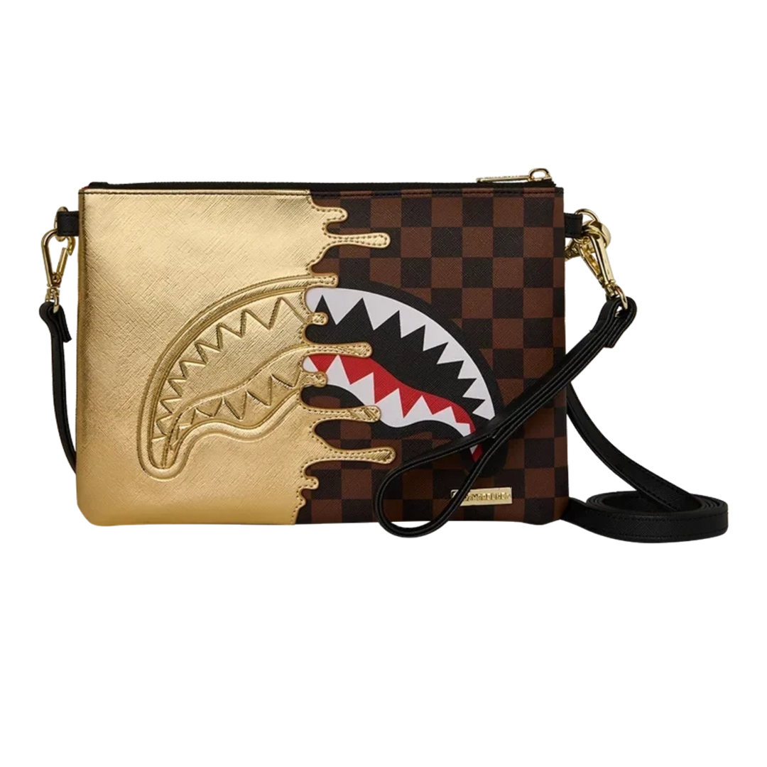 HypeSelection Sprayground Golden Dynasty crossover clutch with metallic gold and brown checkered shark mouth design.