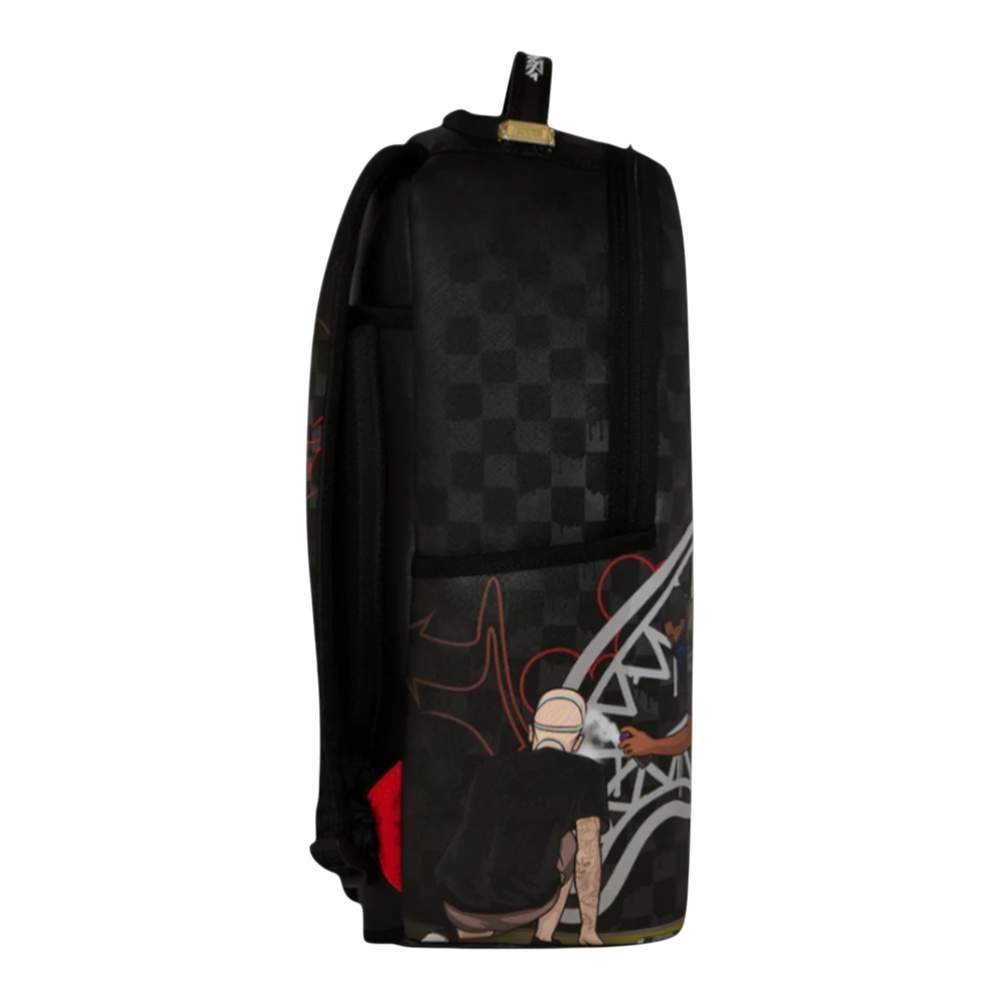 HypeSelection Sprayground black PVC backpack with graffiti art and checkered pattern, featuring a padded laptop sleeve and multiple pockets.