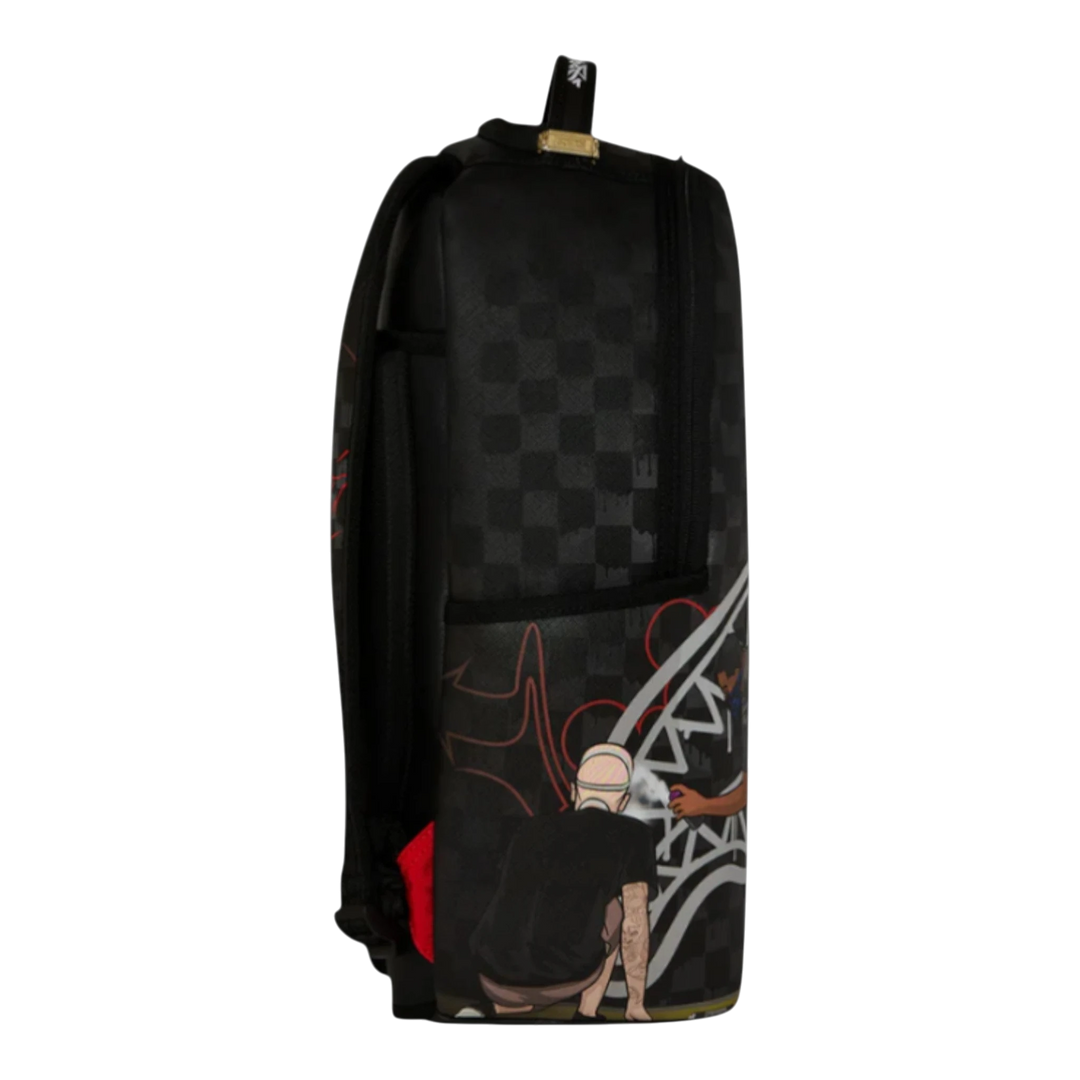 HypeSelection Sprayground black PVC backpack with graffiti art and checkered pattern, featuring a padded laptop sleeve and multiple pockets.