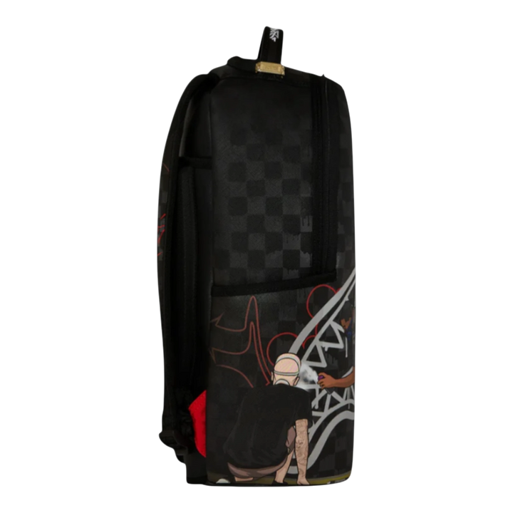 HypeSelection Sprayground black PVC backpack with graffiti art and checkered pattern, featuring a padded laptop sleeve and multiple pockets.