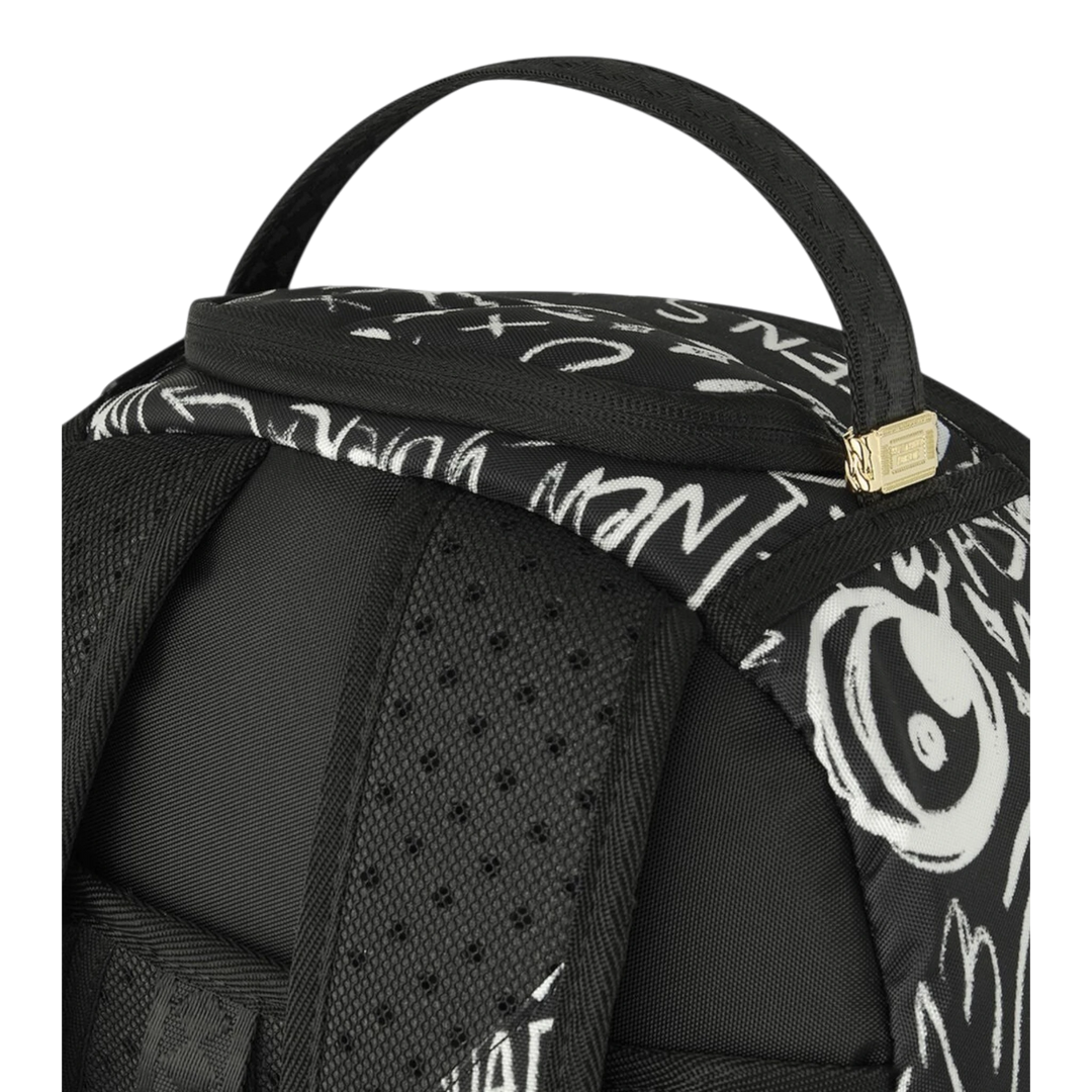 HypeSelection Sprayground Crazy Thoughts DLXSR backpack featuring a black and white graffiti print and top handle