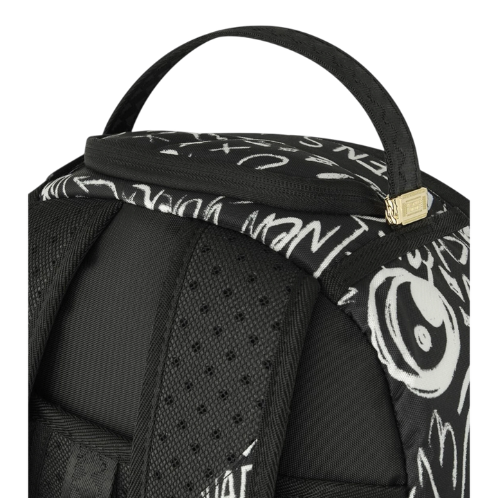 HypeSelection Sprayground Crazy Thoughts DLXSR backpack featuring a black and white graffiti print and top handle