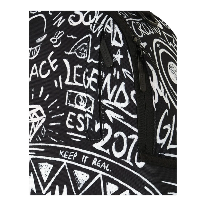 HypeSelection Sprayground Crazy Thoughts DLXSR backpack featuring a black and white graffiti graphic print