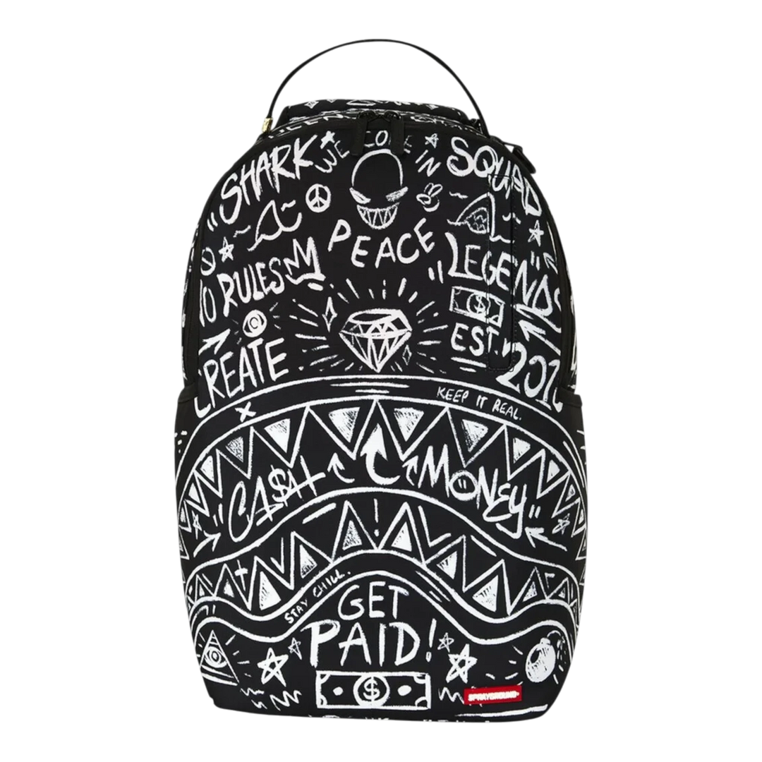 HypeSelection Sprayground Crazy Thoughts DLXSR backpack featuring a black and white graffiti graphic print design.