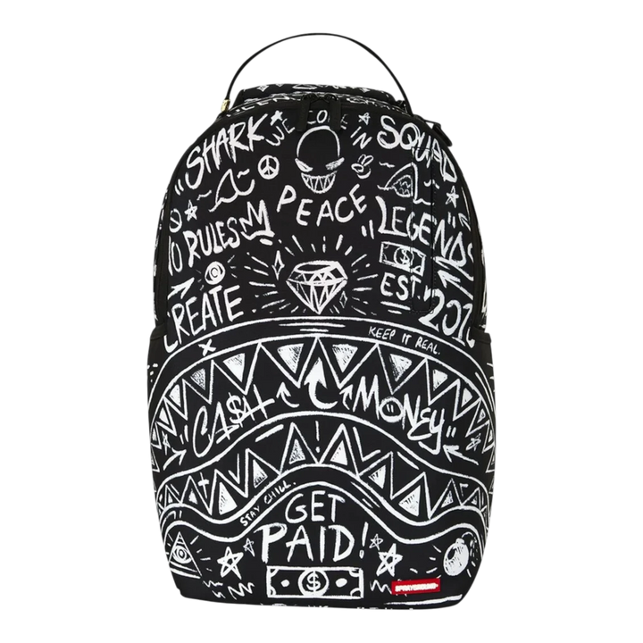 HypeSelection Sprayground Crazy Thoughts DLXSR backpack featuring a black and white graffiti graphic print design.