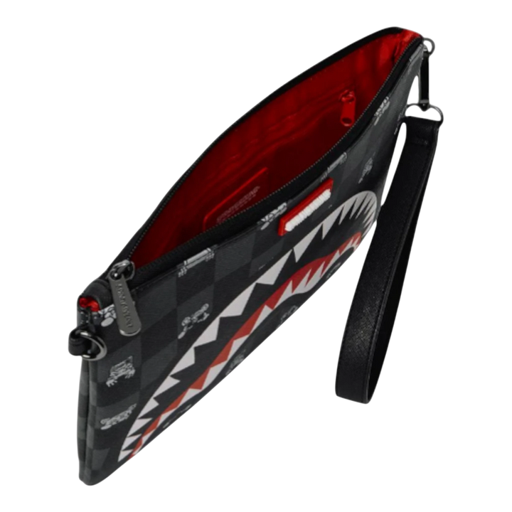 HypeSelection Sprayground gray check crossover clutch with shark mouth graphic and red interior. Features a wristlet strap.