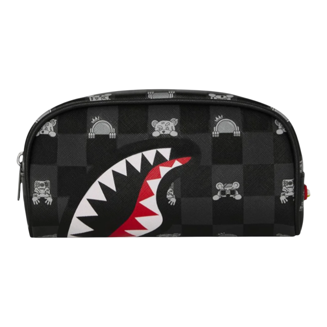 HypeSelection Sprayground gray peeking character check pouch with shark mouth graphic and small character icons. Durable synthetic leather.