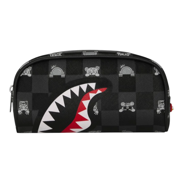 HypeSelection Sprayground gray peeking character check pouch with shark mouth graphic and small character icons. Durable synthetic leather.