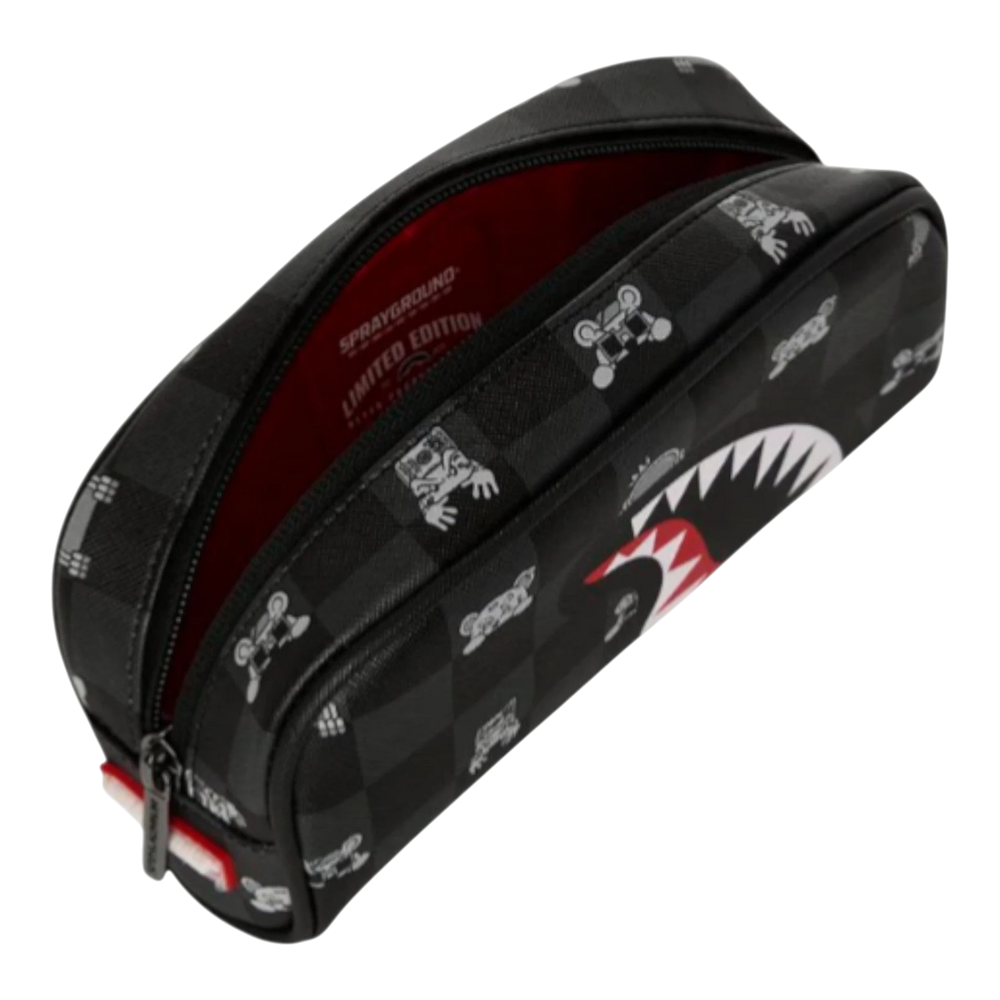 HypeSelection Sprayground gray peeking character check pouch with shark mouth graphic and red interior. Durable synthetic leather.