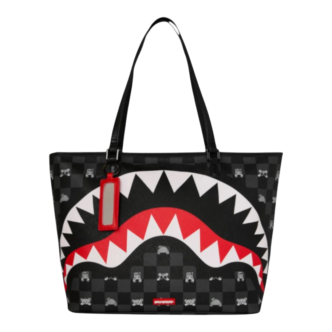 HypeSelection Sprayground gray check tote bag with shark mouth graphic and red tag.