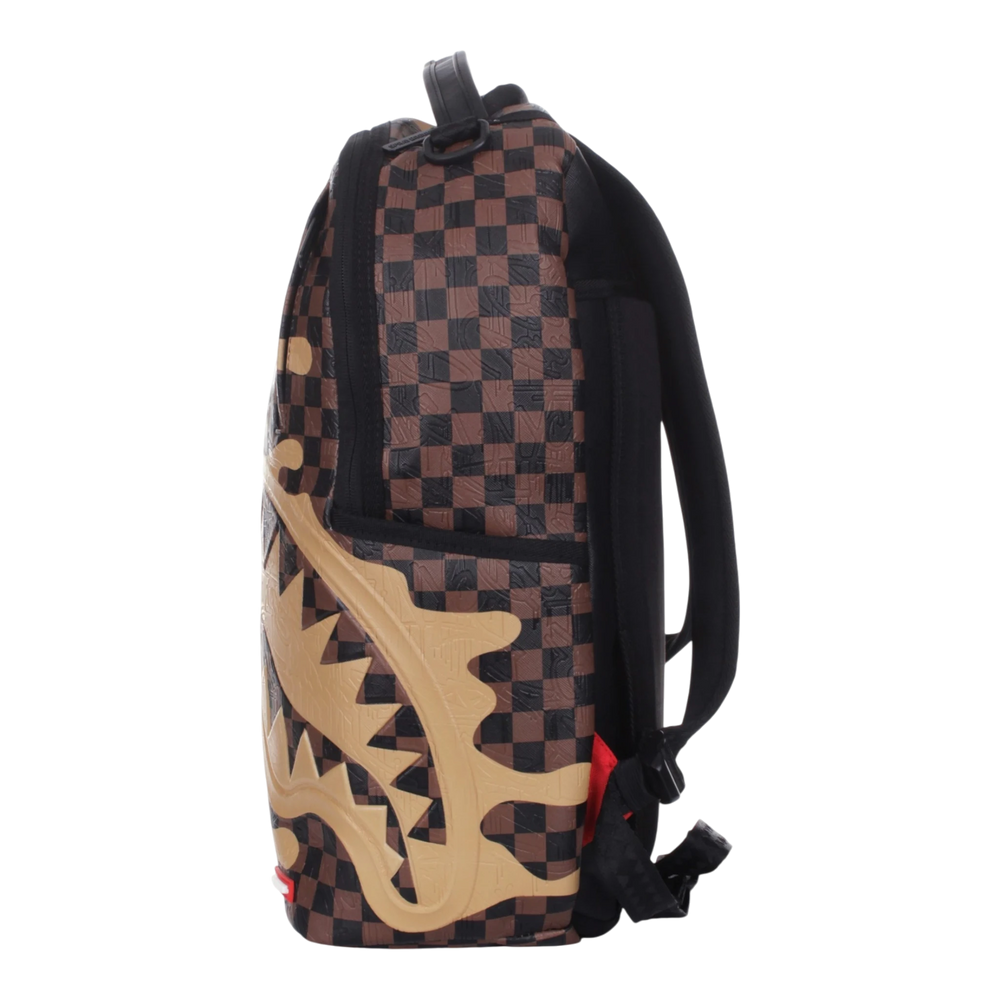 HypeSelection Sprayground Henny Melt DLXSV backpack featuring a brown and black checkerboard pattern with shark graphic