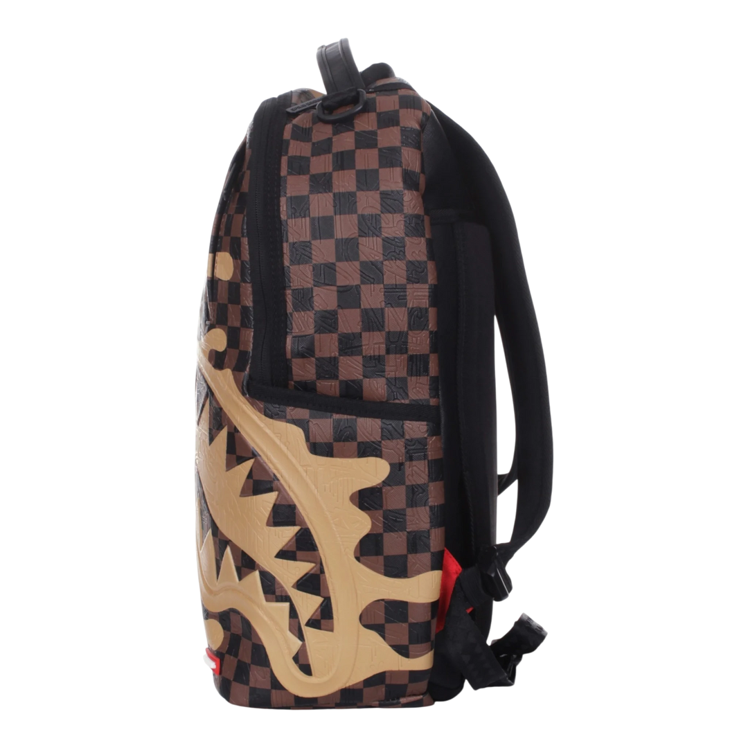 HypeSelection Sprayground Henny Melt DLXSV backpack featuring a brown and black checkerboard pattern with shark graphic