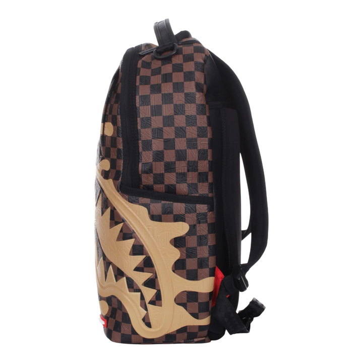 HypeSelection Sprayground Henny Melt DLXSV backpack featuring a brown and black checkerboard pattern with shark graphic