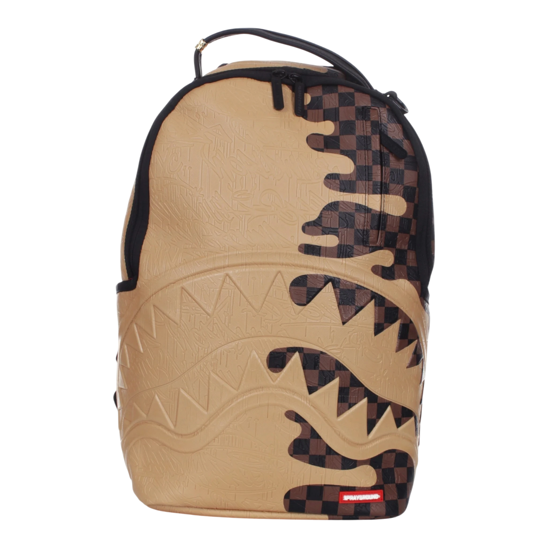 HypeSelection Sprayground Henny Melt DLXSV backpack in tan with a black checkered drip and shark mouth graphic design