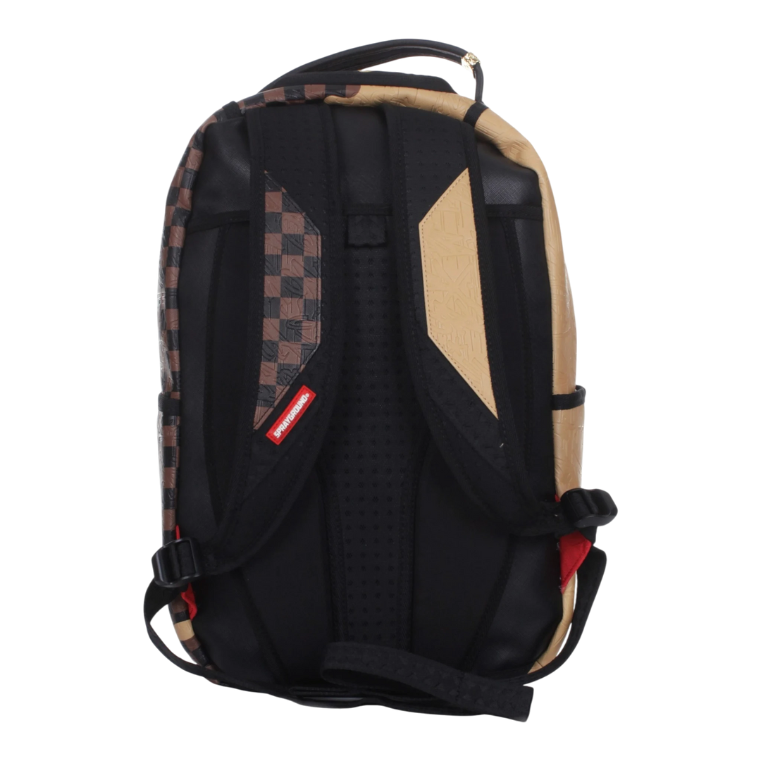 HypeSelection Sprayground Henny Melt DLXSV backpack featuring a brown and tan checkerboard pattern and black straps.