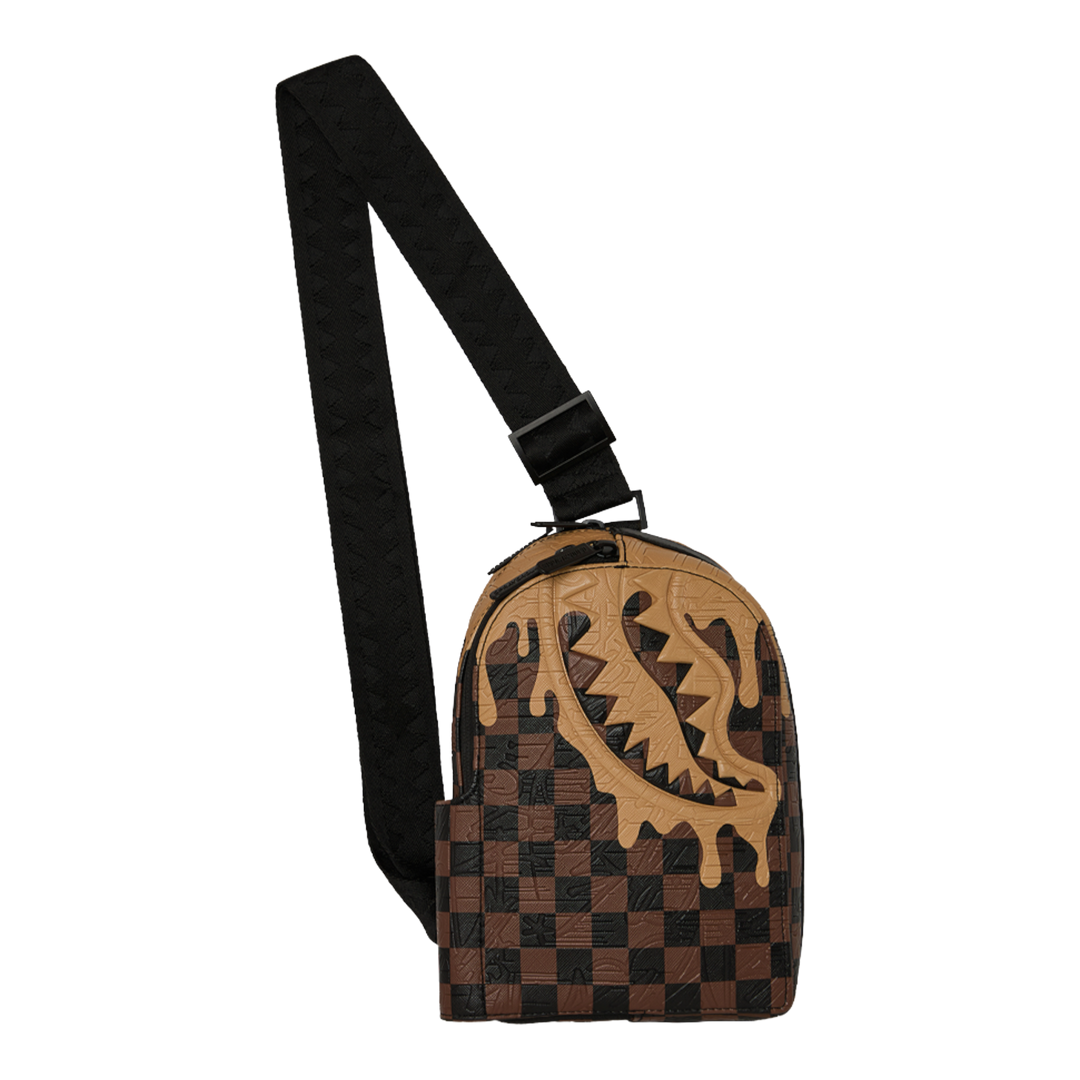 HypeSelection Sprayground Henny Melt faux leather crossbody sling bag with signature shark mouth and checkerboard print