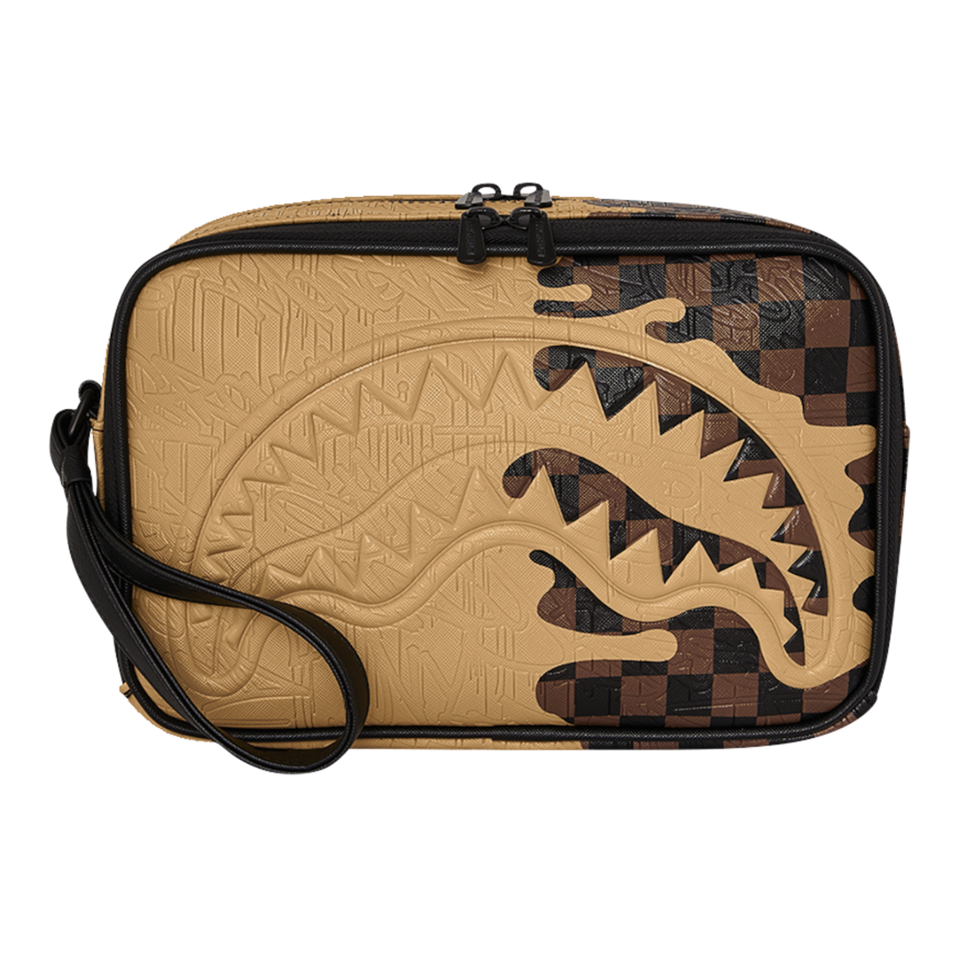 HypeSelection Sprayground Henny Melt toiletry bag in tan and brown faux leather with embossed sharkmouth graphic