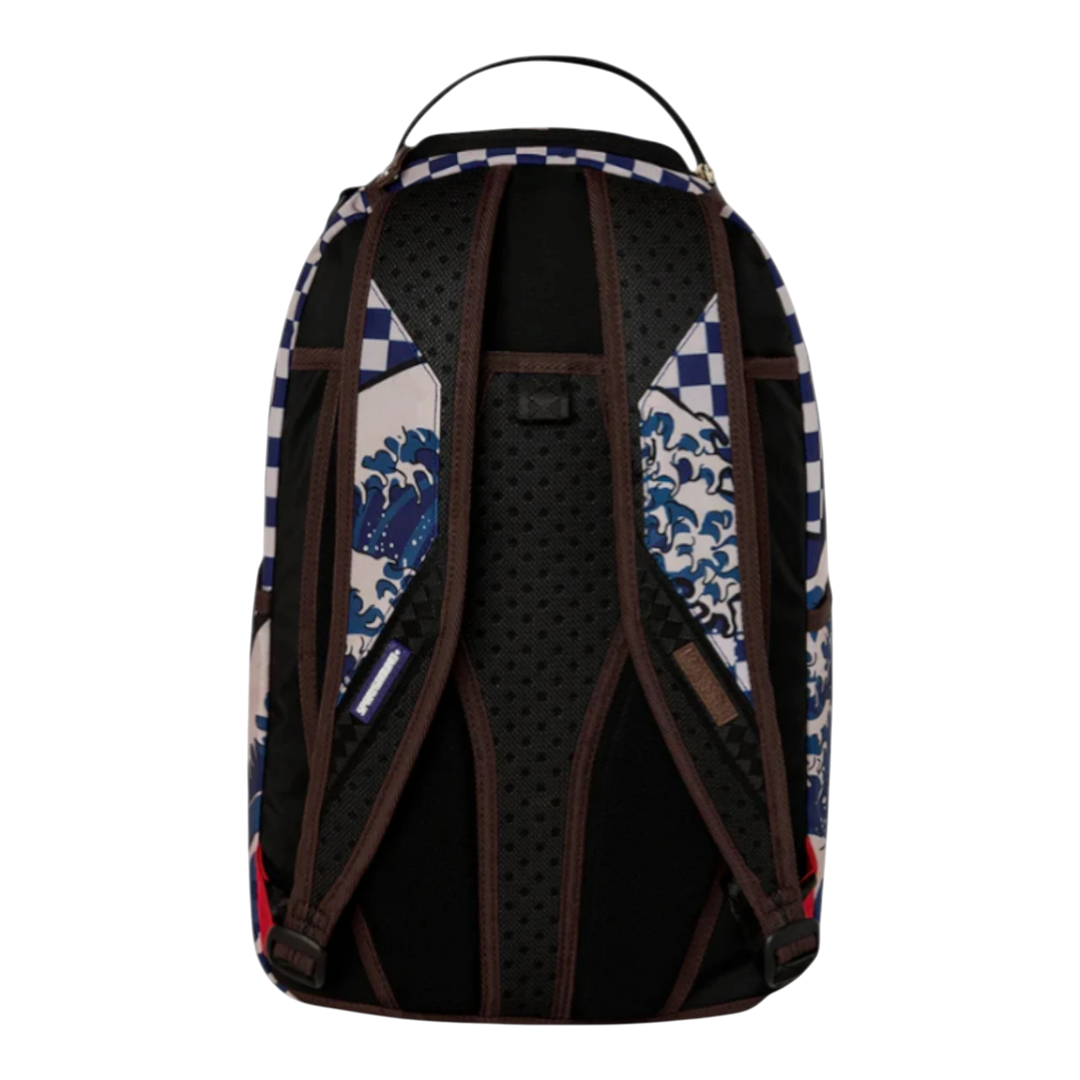 HypeSelection Sprayground Ichimatsu-Moyō Camokawa backpack with blue wave and checkerboard pattern, faux leather.