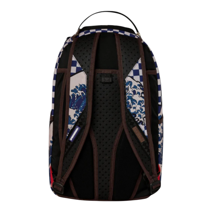 HypeSelection Sprayground Ichimatsu-Moyō Camokawa backpack with blue wave and checkerboard pattern, faux leather.
