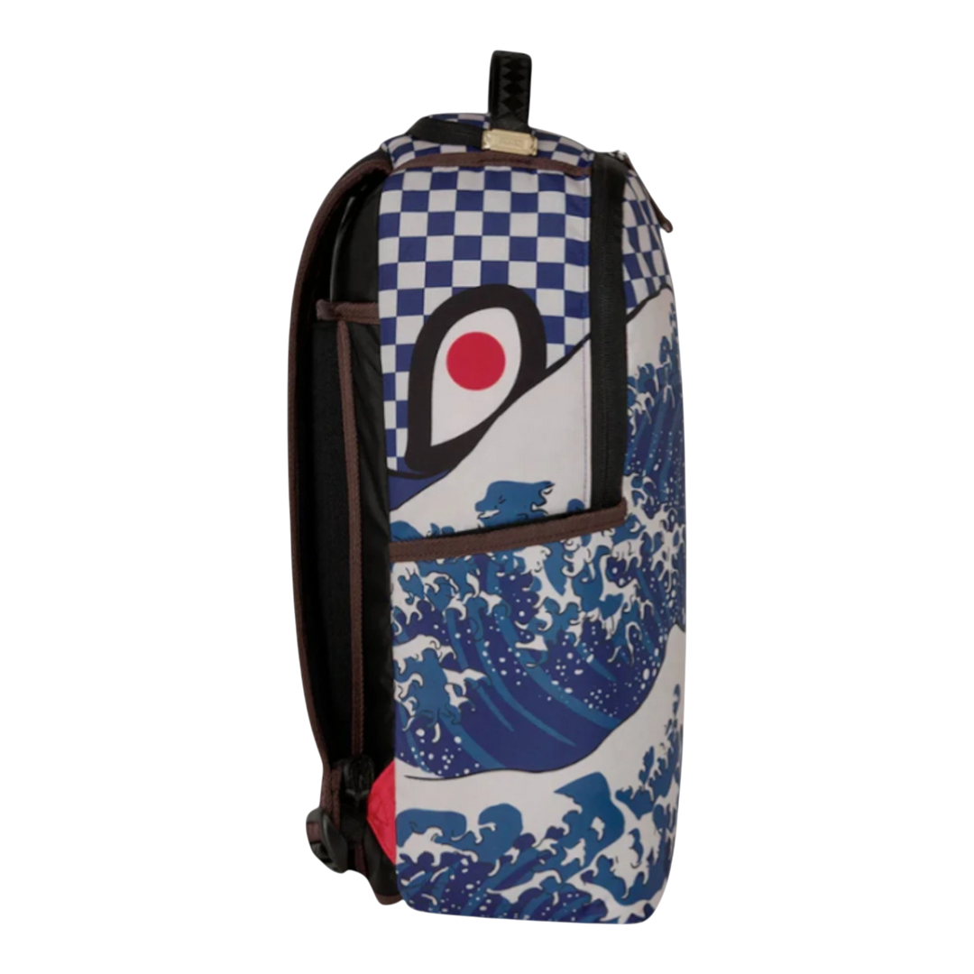 HypeSelection Sprayground Ichimatsu-Moyō Camokawa backpack with blue wave and Japanese checkerboard pattern, faux leather.