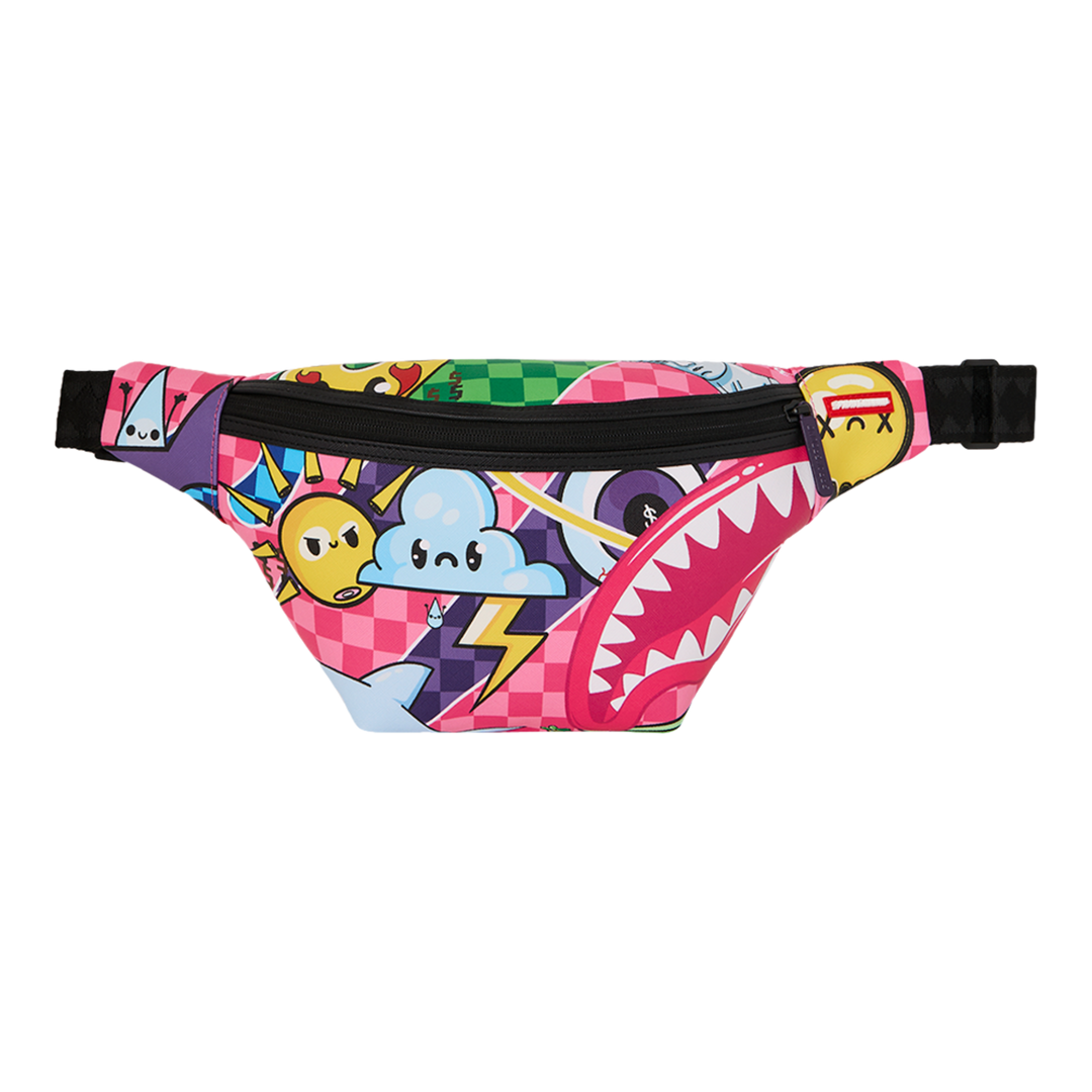 HypeSelection Sprayground Kawaii Chaos faux leather crossbody bag featuring a vibrant graphic print and black strap.