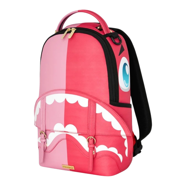 HypeSelection Sprayground Kawaii mini backpack in pink and red PVC with signature sharkmouth graphic front pocket