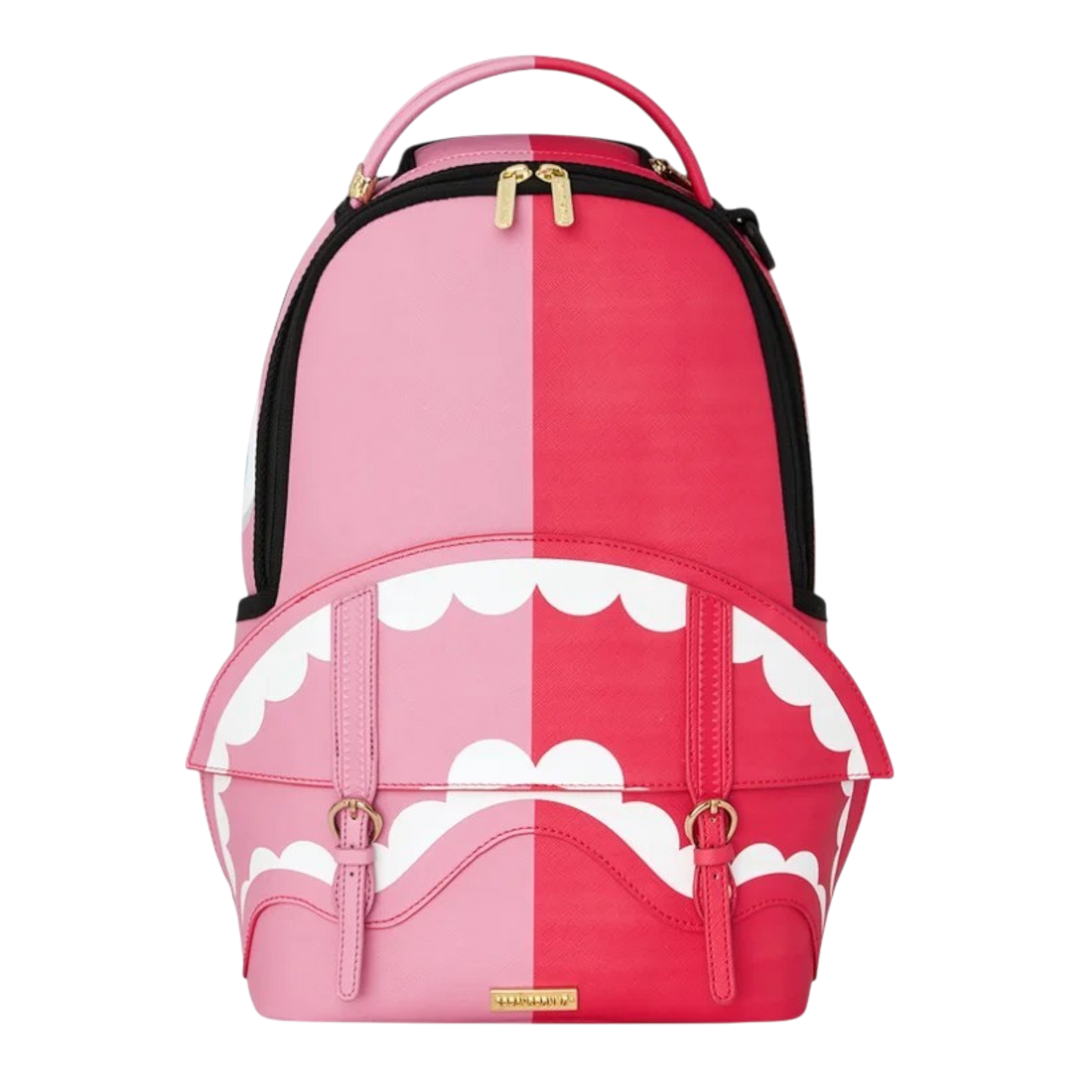HypeSelection Sprayground Kawaii mini backpack in pink and red PVC with signature sharkmouth front pocket design