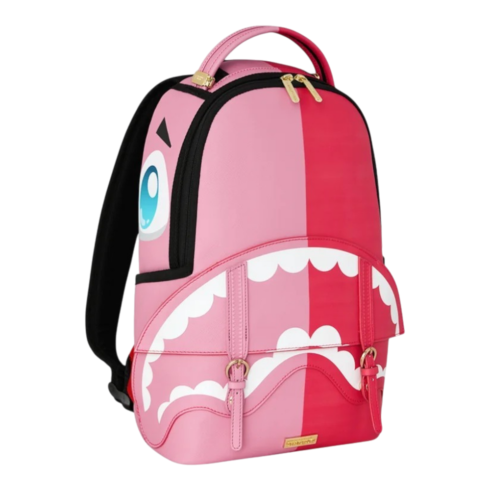 HypeSelection Sprayground Kawaii mini backpack in pink and red PVC with signature sharkmouth front pocket design.