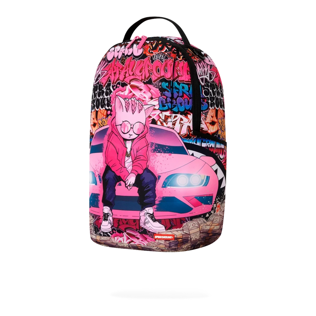 HypeSelection Sprayground Cash Stacks Kitty DLXSR backpack featuring a pink car and graffiti print on polyester