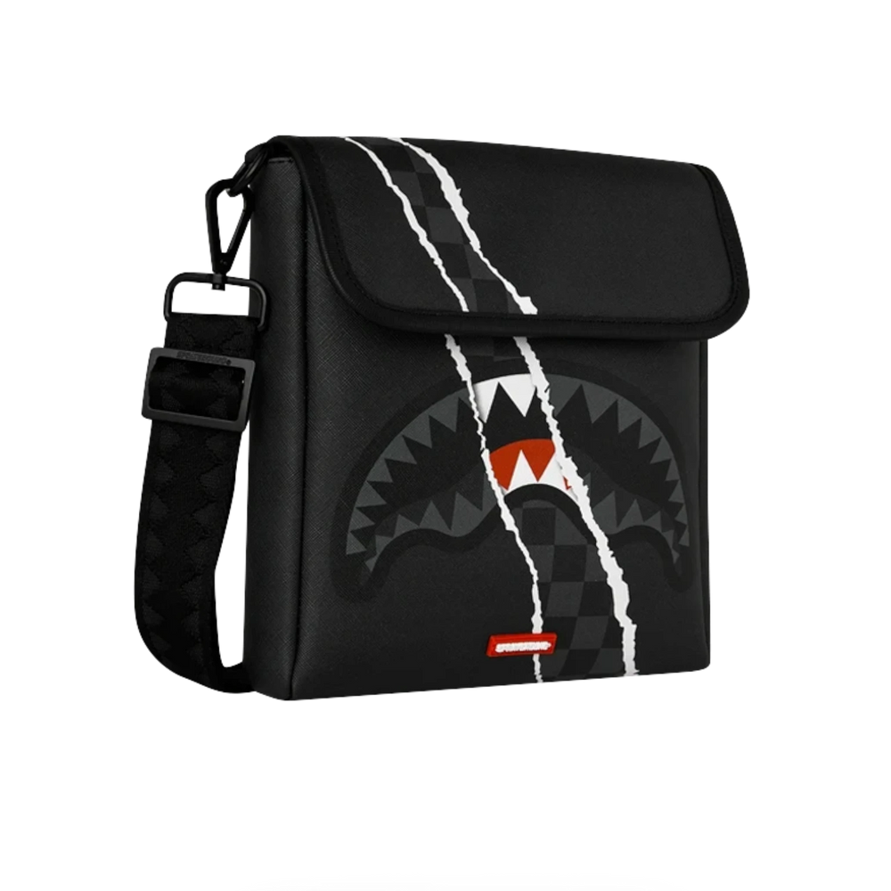 HypeSelection Sprayground Center Rip Reveal messenger sling bag in black with signature shark mouth graphic print.