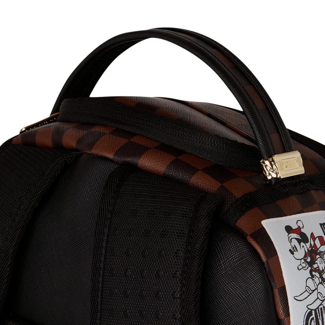 HypeSelection Sprayground Mickey Global Mogul backpack featuring brown checkered pattern and top carry handle