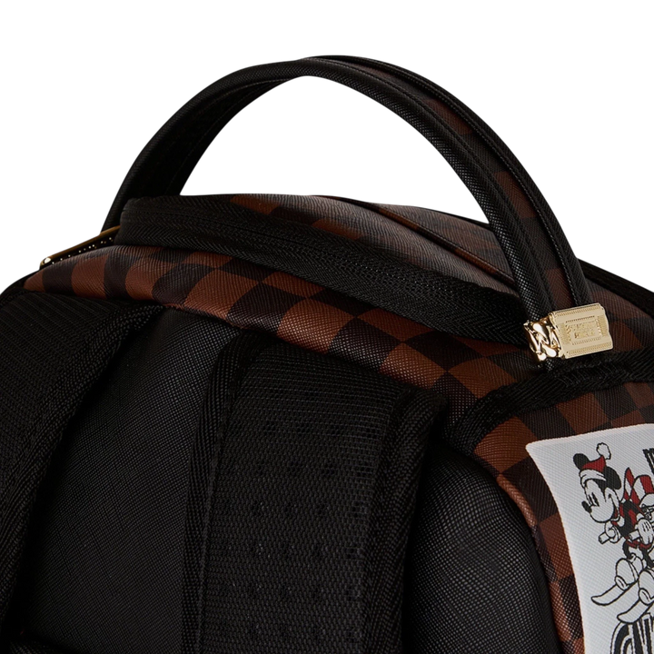 HypeSelection Sprayground Mickey Global Mogul backpack featuring brown checkered pattern and top carry handle