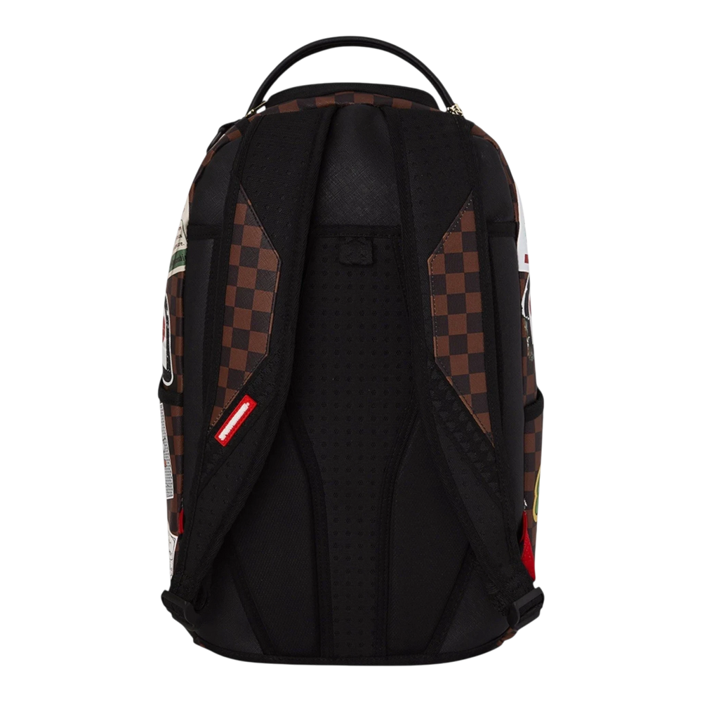 HypeSelection Sprayground Mickey Global Mogul backpack featuring a brown and black checkered pattern, back view