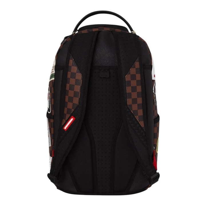 HypeSelection Sprayground Mickey Global Mogul backpack featuring a brown and black checkered pattern, back view