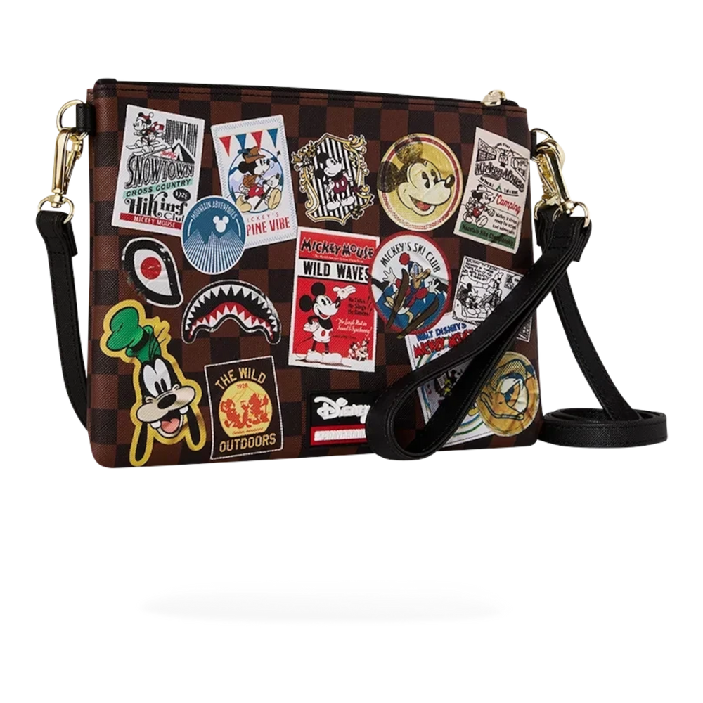 HypeSelection Sprayground Mickey Mouse crossbody pouchette with brown checkered pattern and colorful graphic patches