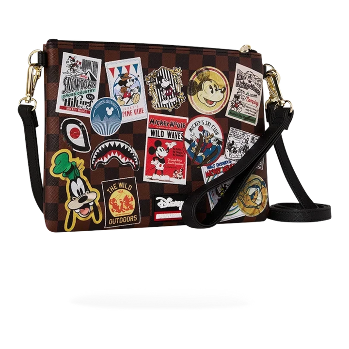 HypeSelection Sprayground Mickey Mouse crossbody pouchette with brown checkered pattern and colorful graphic patches