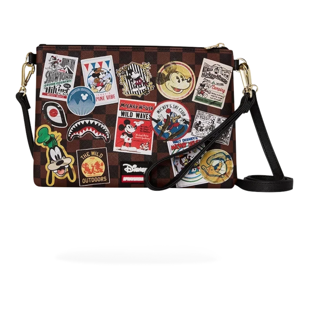 HypeSelection Sprayground Mickey Mouse crossbody pouchette with brown checkerboard pattern and vintage travel patches.