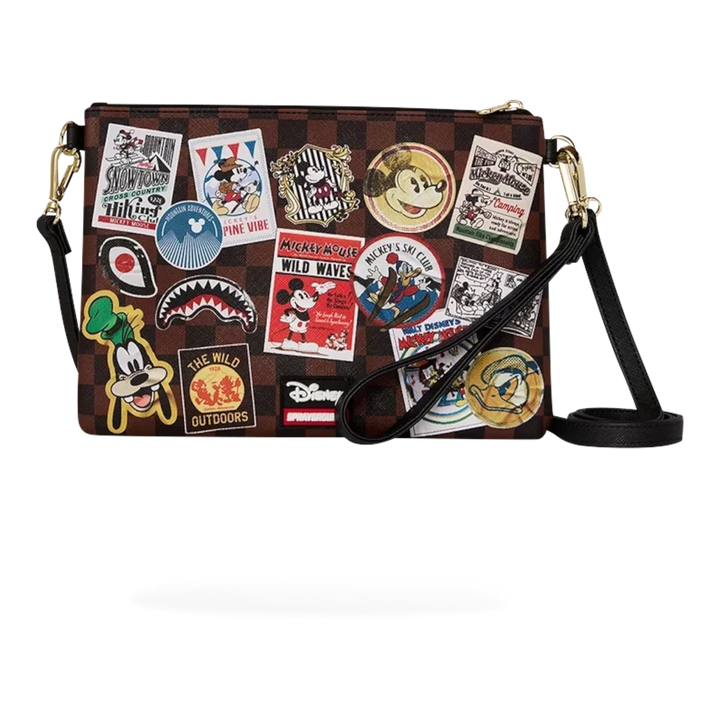 HypeSelection Sprayground Mickey Mouse crossbody pouchette with brown checkerboard pattern and vintage travel patches.
