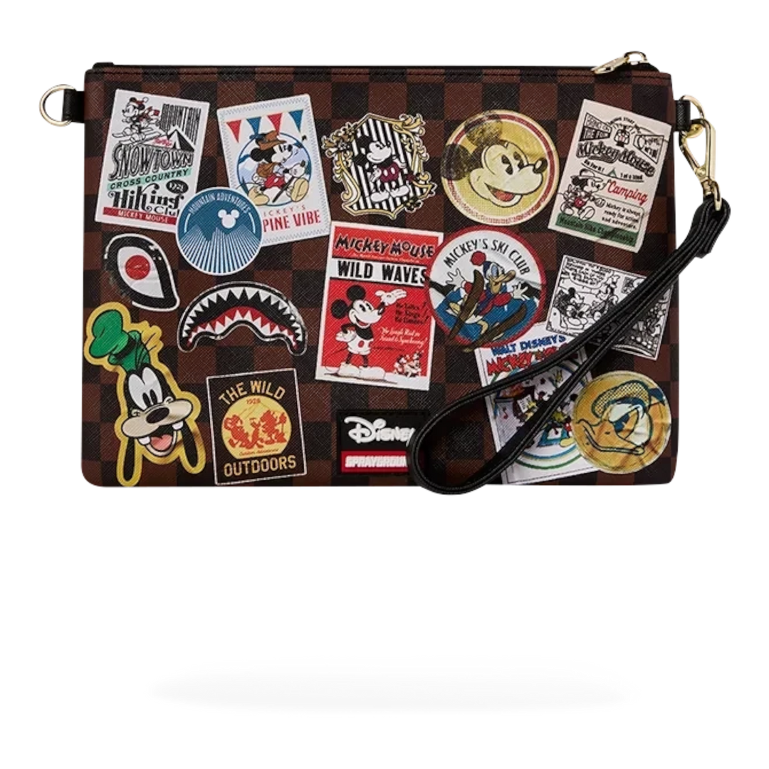 HypeSelection Sprayground Mickey Mouse crossbody pouchette with brown checkerboard pattern and vintage travel patches