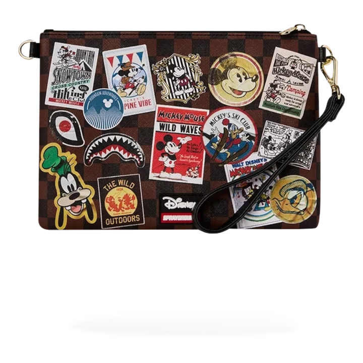HypeSelection Sprayground Mickey Mouse crossbody pouchette with brown checkerboard pattern and vintage travel patches