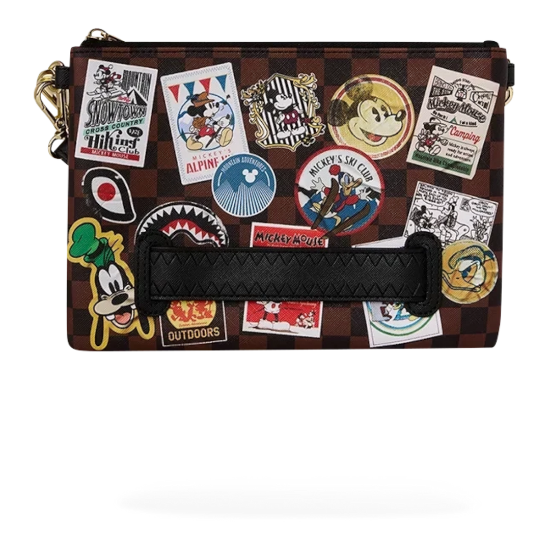 HypeSelection Sprayground Mickey Mouse crossbody pouchette with brown checkered pattern and vintage graphic patches.