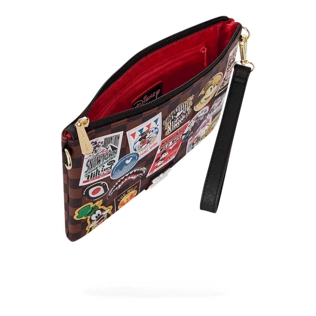 HypeSelection Sprayground Mickey Mouse crossbody pouchette with brown checkered pattern and travel-themed patches