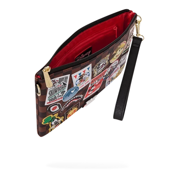 HypeSelection Sprayground Mickey Mouse crossbody pouchette with brown checkered pattern and travel-themed patches