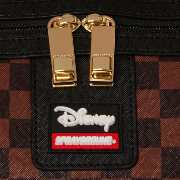 HypeSelection Sprayground Mickey Global Mogul duffle bag featuring a brown checkered pattern and gold zipper pulls