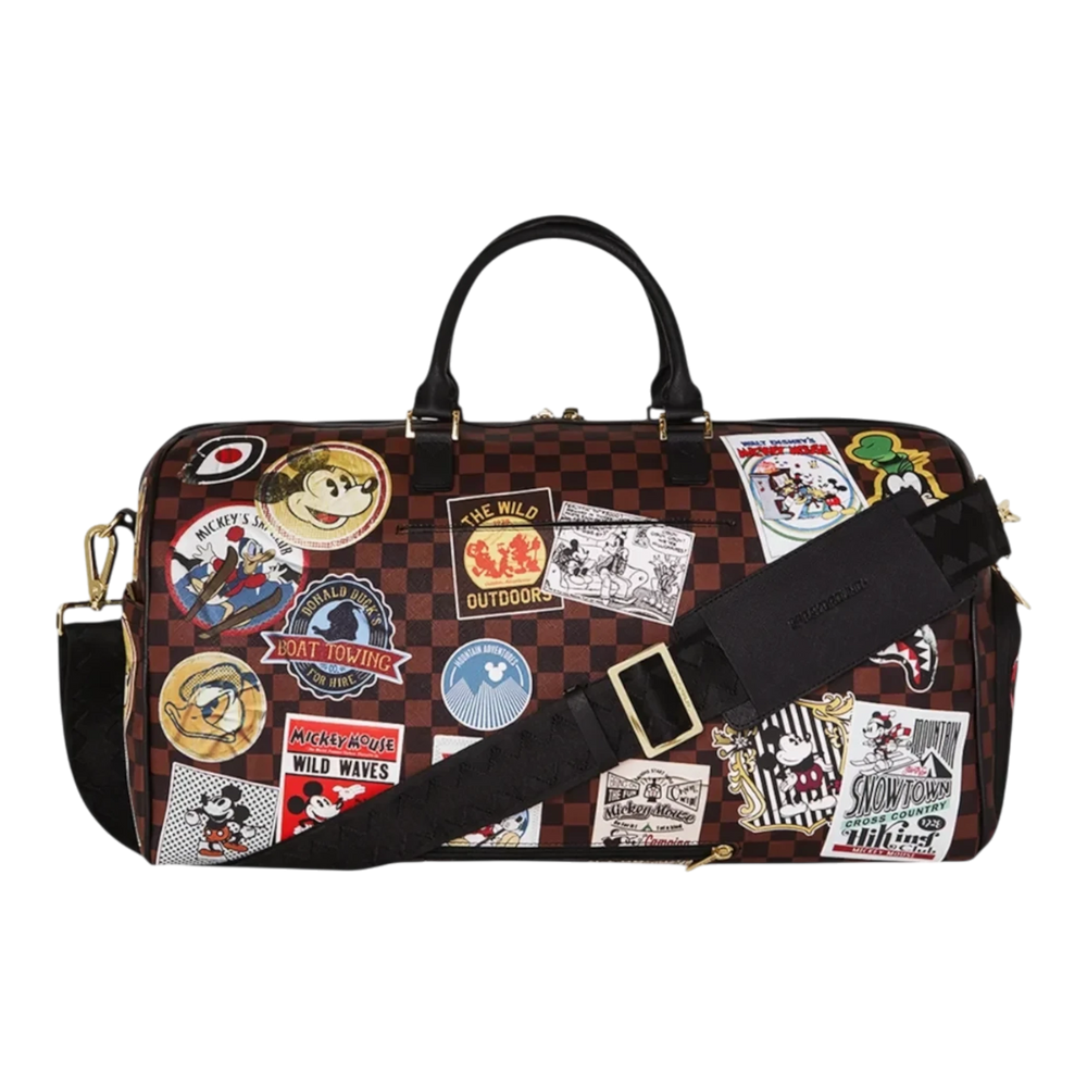 HypeSelection Sprayground Mickey Mouse graphic duffle bag with brown checkerboard pattern and adjustable shoulder strap