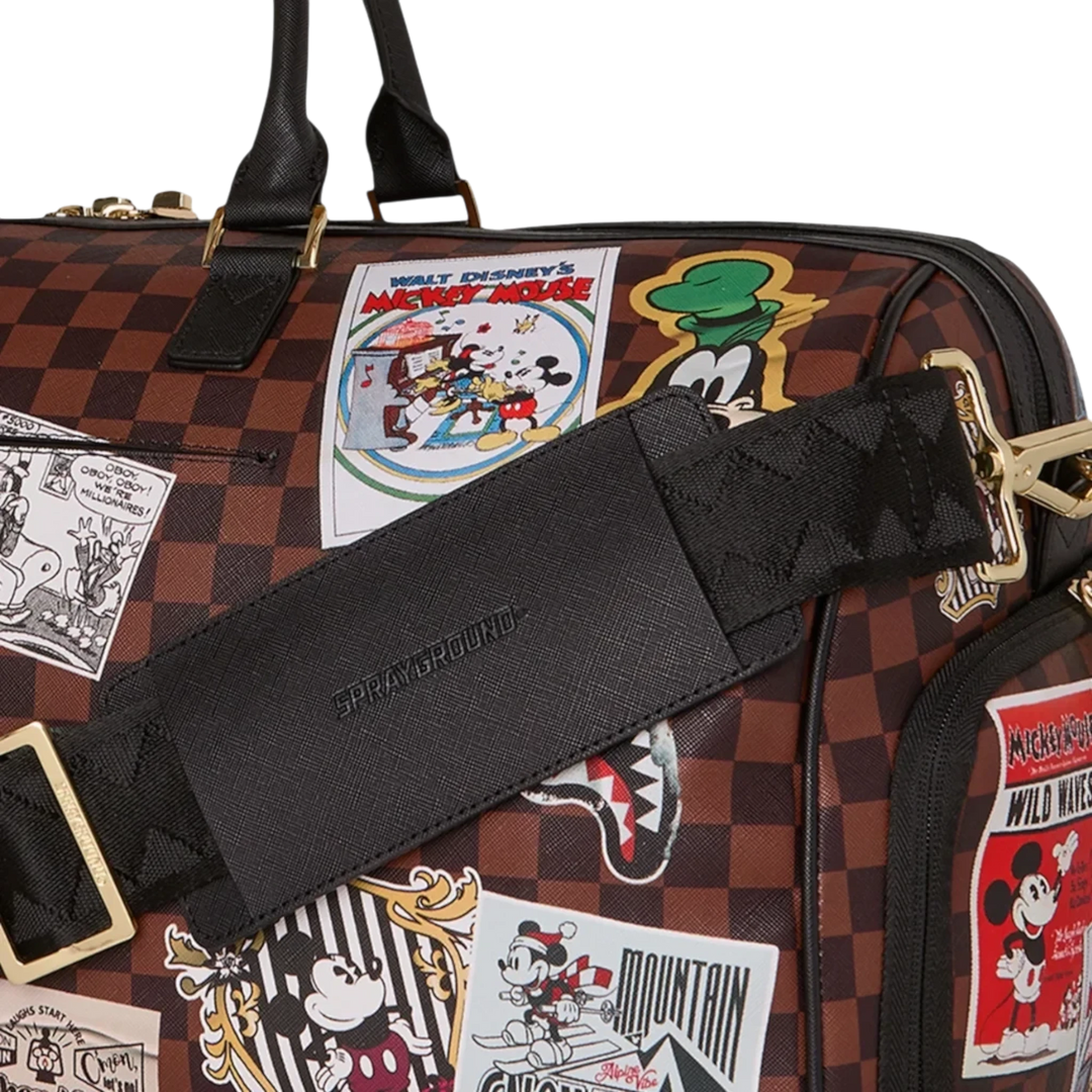 HypeSelection Sprayground Mickey Mouse duffle bag featuring a brown checkerboard pattern and vintage Disney patches.
