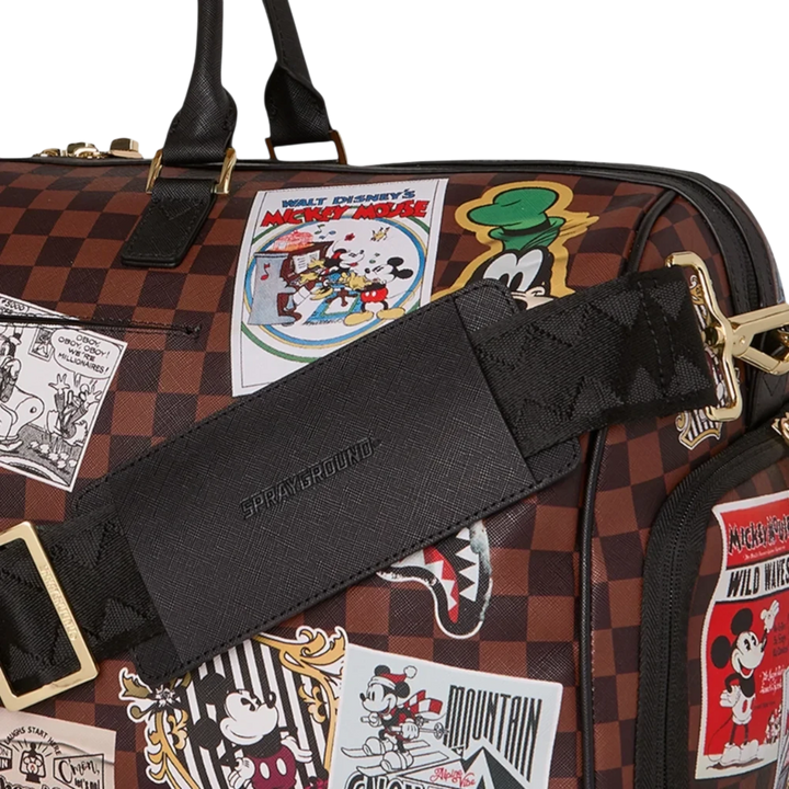 HypeSelection Sprayground Mickey Mouse duffle bag featuring a brown checkerboard pattern and vintage Disney patches.