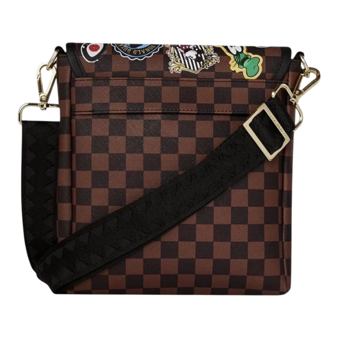 HypeSelection Sprayground Mickey Global Mogul messenger sling bag with brown checkered pattern and character patches