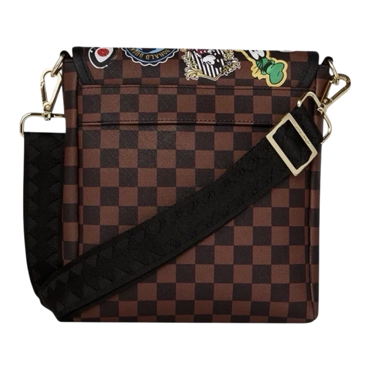 HypeSelection Sprayground Mickey Global Mogul messenger sling bag with brown checkered pattern and character patches